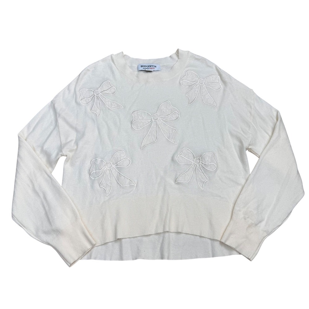Bridgerton x Netflix Embroidered Bow Knit Sweater XS Cream Coquette Regency